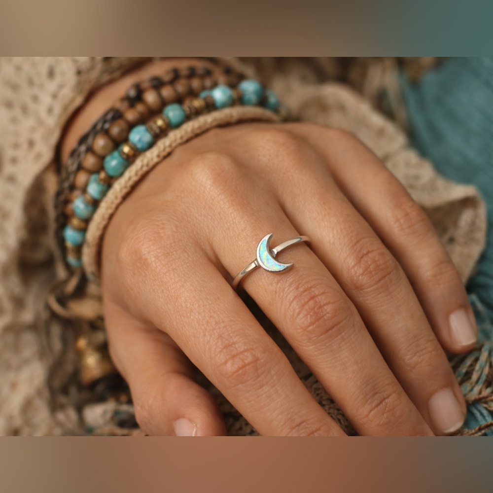 925 Sterling Silver Opal Crescent Moon Boho Ring sizes 5,6, 7, Thin band.